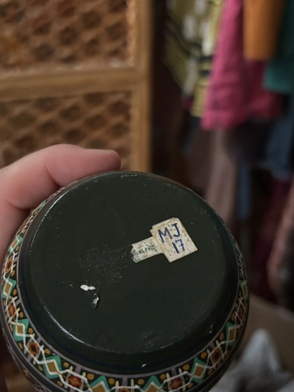 Hand-Painted Geometric Mini Vase in Dark Green and Teal